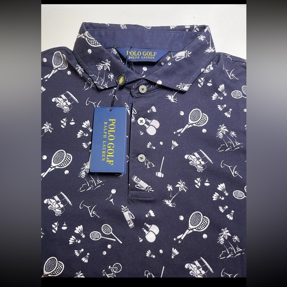 NEW POLO GOLF RALPH LAUREN Navy TENNIS/NOVELTY Print Cotton Polo Shirt L